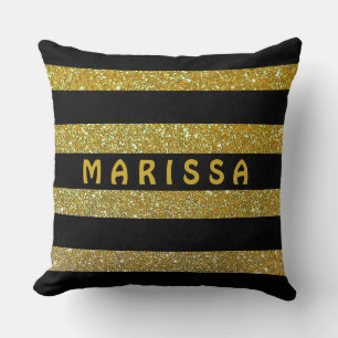 Glam Black & Gold Glitzer Glitzern Monogram Name Kissen