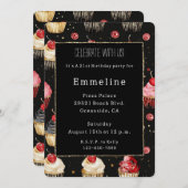 Glam Black Gold Glitzer Glitzy Cupcakes Geburtstag Einladung (Vorne/Hinten)