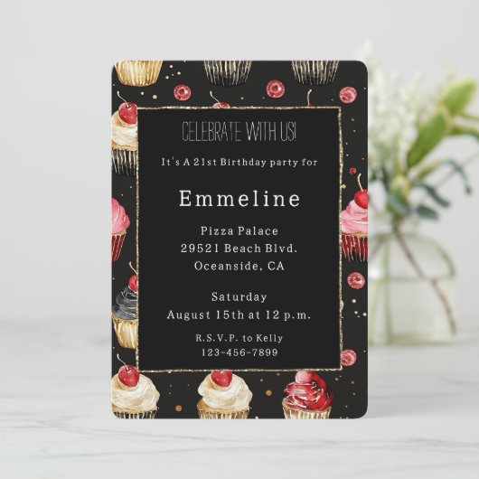 Glam Black Gold Glitzer Glitzy Cupcakes Geburtstag Einladung (Stehend Vorderseite)