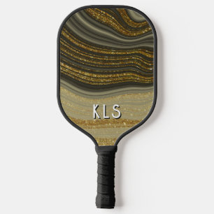 Glam Black & Gold Glitzer Swirl Monogramm Pickleball Schläger