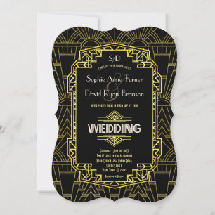 Glam Black & Gold Great Gatsby Art Deco Wedding Einladung