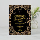 Glam Black & Gold Leopard Print Bachelorette Party Folieneinladung (Stehend vorne)