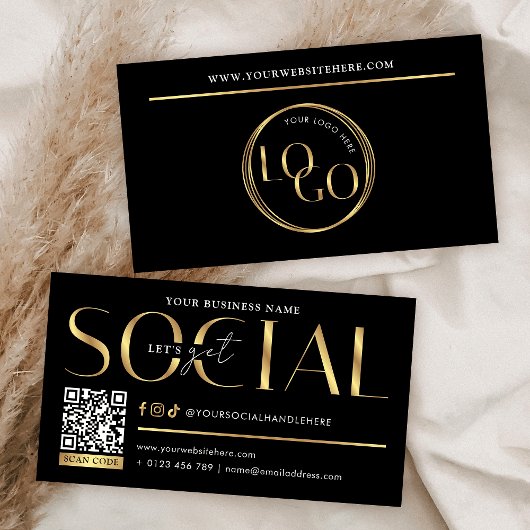 Glam Black & Gold Let's Get Social Media QR Code Visitenkarte
