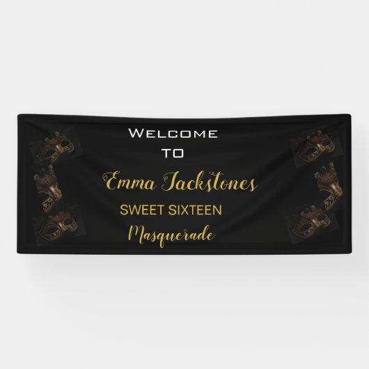 Glam Black & Gold Masquerade Geburtstag Willkommen Banner (Horizontal)