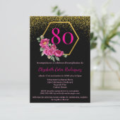 Glam Black Gold Pink 80. Geburtstag Einladung (Stehend Vorderseite)
