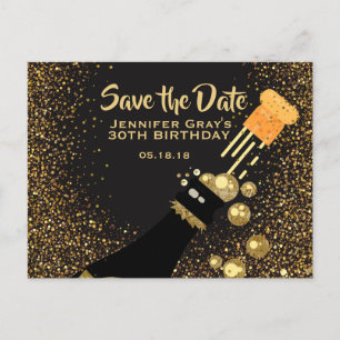 Glam Black Gold Save the Date Champagne Geburtstag Ankündigungspostkarte