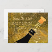 Glam Black Gold Save the Date Champagne Geburtstag Ankündigungspostkarte (Vorne/Hinten)