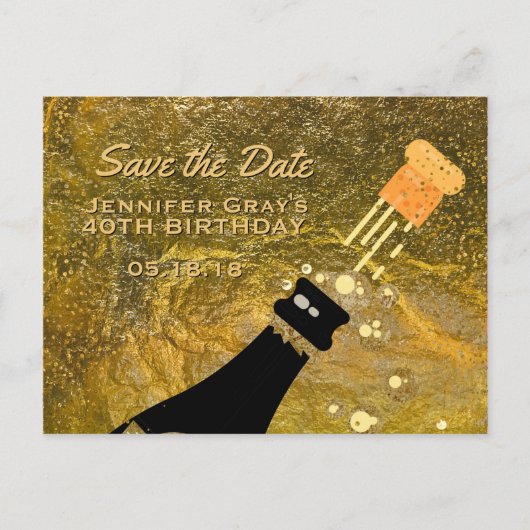Glam Black Gold Save the Date Champagne Geburtstag Ankündigungspostkarte (Vorderseite)