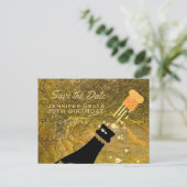 Glam Black Gold Save the Date Champagne Geburtstag Ankündigungspostkarte (Stehend Vorderseite)