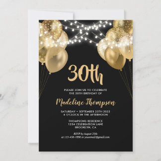 Glam Black Gold String Light Ballon Geburtstag Einladung
