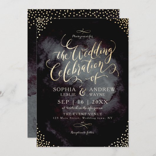 Glam Black Imitats Goldkalligraphie Glitzer Hochze Einladung (Vorne/Hinten)