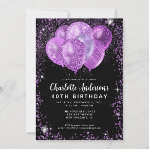 Glam Black Lila Violet Glitzer Balloon Geburtstag Einladung