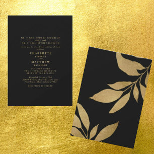 Glam Black Metallic Gold Foliage Wedding Einladung