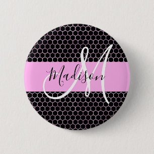 Glam Black Metallic Pink Honeycomb Monogram Name Button