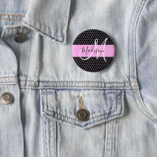 Glam Black Metallic Pink Honeycomb Monogram Name Button (Beispiel)