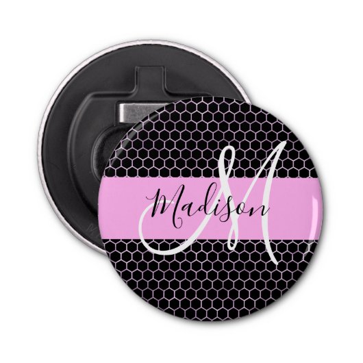 Glam Black Metallic Pink Honeycomb Monogram Name Flaschenöffner (Vorderseite)