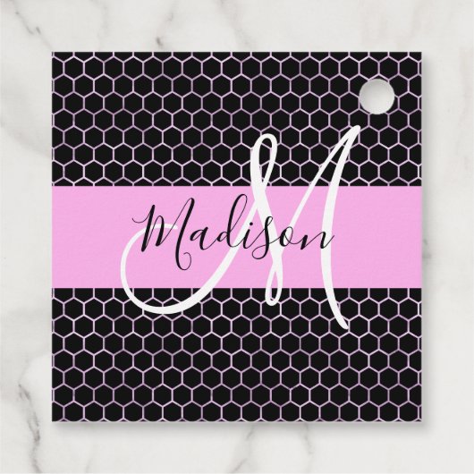Glam Black Metallic Pink Honeycomb Monogram Name Geschenkanhänger (Rückseite)