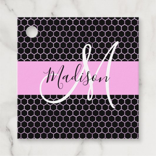 Glam Black Metallic Pink Honeycomb Monogram Name Geschenkanhänger (Vorderseite)