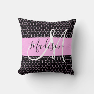 Glam Black Metallic Pink Honeycomb Monogram Name Kissen