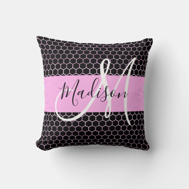 Glam Black Metallic Pink Honeycomb Monogram Name Kissen (Vorderseite)