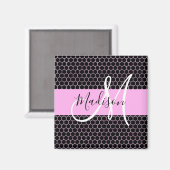 Glam Black Metallic Pink Honeycomb Monogram Name Magnet (Vorderseite/Rückseite)