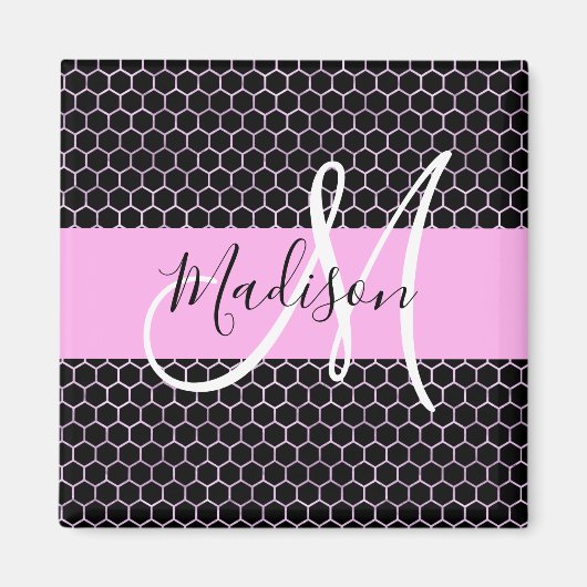 Glam Black Metallic Pink Honeycomb Monogram Name Magnet (Vorne)