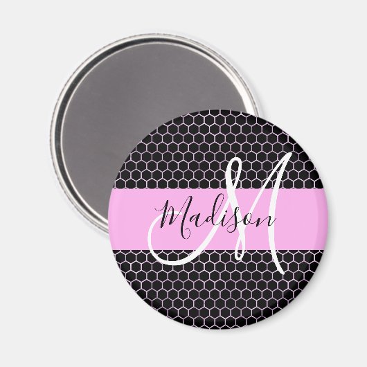 Glam Black Metallic Pink Honeycomb Monogram Name Magnet (Vorderseite/Rückseite)