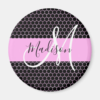 Glam Black Metallic Pink Honeycomb Monogram Name Magnet
