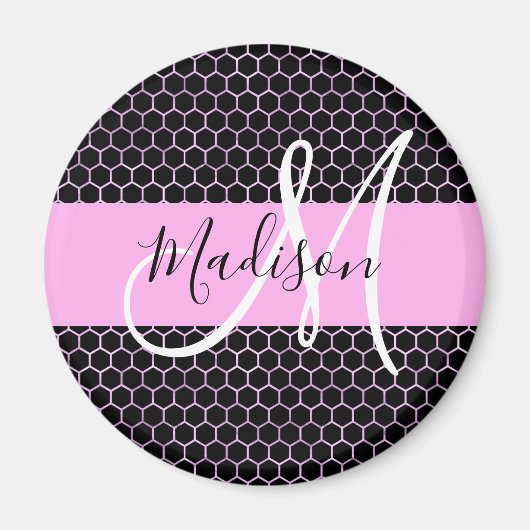 Glam Black Metallic Pink Honeycomb Monogram Name Magnet (Vorne)