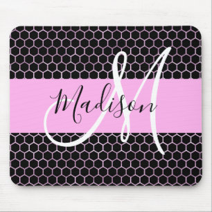 Glam Black Metallic Pink Honeycomb Monogram Name Mousepad