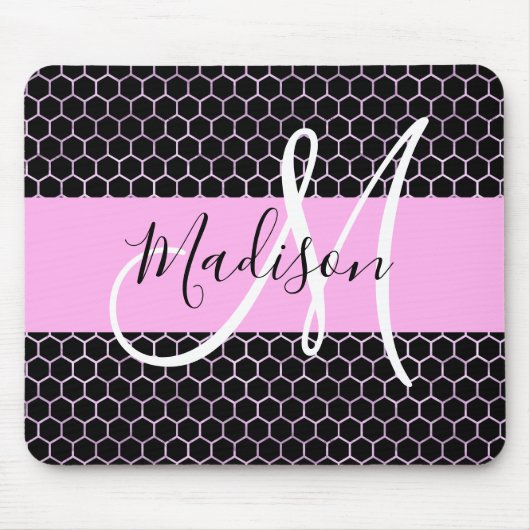 Glam Black Metallic Pink Honeycomb Monogram Name Mousepad (Vorne)