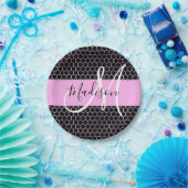 Glam Black Metallic Pink Honeycomb Monogram Name Pappteller (Party)