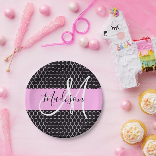Glam Black Metallic Pink Honeycomb Monogram Name Pappteller (Party)