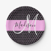 Glam Black Metallic Pink Honeycomb Monogram Name Pappteller (Vorderseite)