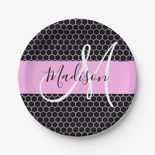 Glam Black Metallic Pink Honeycomb Monogram Name Pappteller (Vorderseite)