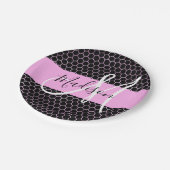 Glam Black Metallic Pink Honeycomb Monogram Name Pappteller (Schrägansicht)