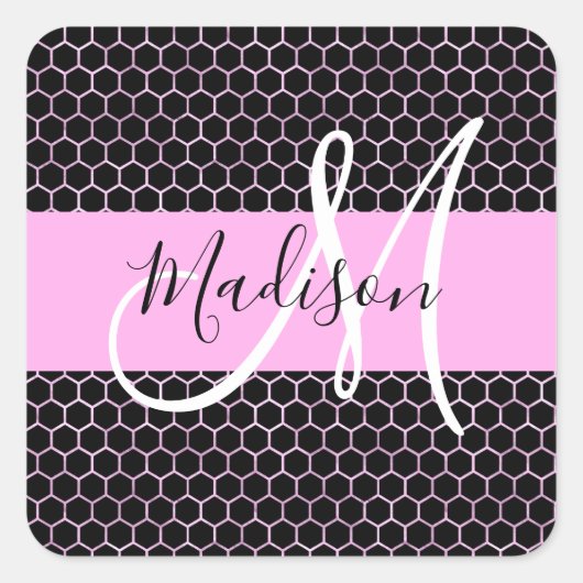 Glam Black Metallic Pink Honeycomb Monogram Name Quadratischer Aufkleber (Vorderseite)