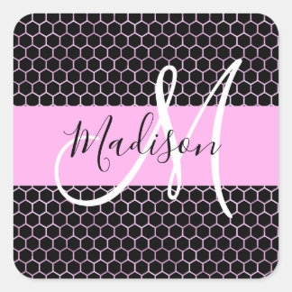 Glam Black Metallic Pink Honeycomb Monogram Name Quadratischer Aufkleber