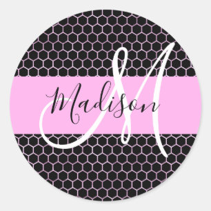 Glam Black Metallic Pink Honeycomb Monogram Name Runder Aufkleber