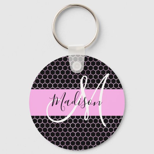 Glam Black Metallic Pink Honeycomb Monogram Name Schlüsselanhänger (Vorderseite)
