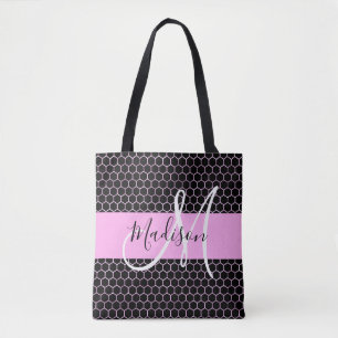 Glam Black Metallic Pink Honeycomb Monogram Name Tasche