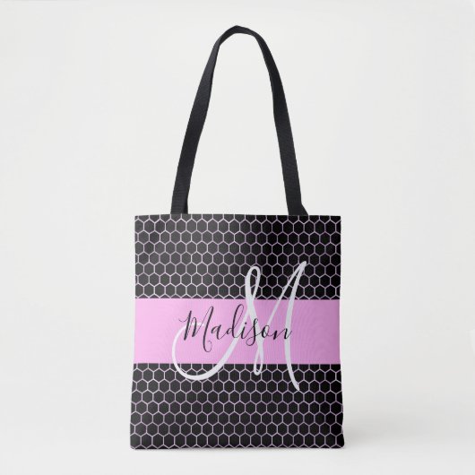 Glam Black Metallic Pink Honeycomb Monogram Name Tasche (Vorderseite)