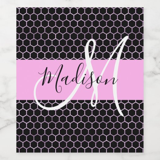 Glam Black Metallic Pink Honeycomb Monogram Name Weinetikett (Einzelnes Label)