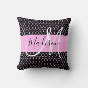 Glam Black Metallic Pink Honigwaben Monogramm Name Kissen