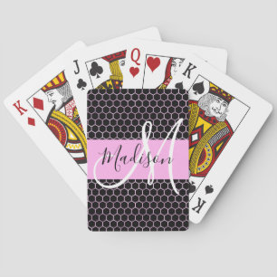 Glam Black Metallic Pink Honigwaben Monogramm Name Spielkarten