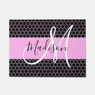 Glam Black Metallic Pink Waben-Monogramm-Name Fußmatte