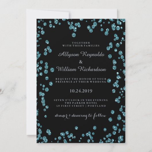 Glam Black mit Türkis Confetti Wedding Einladung (Vorderseite)