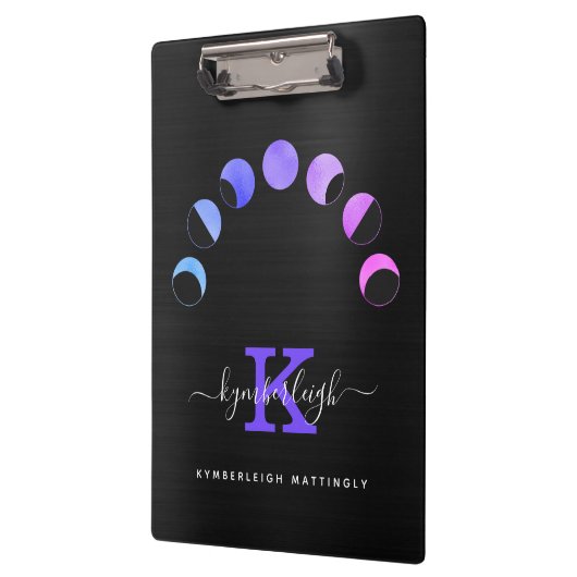 Glam Black Moon Phases Pastell Lila Monogram Name Klemmbrett (Links)
