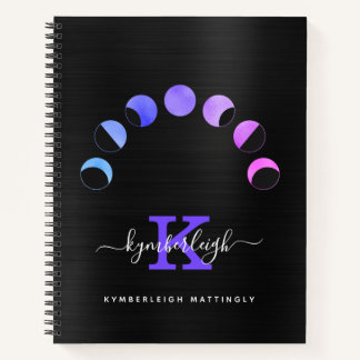 Glam Black Moon Phases Pastell Lila Monogram Name Notizblock