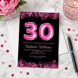 Glam Black Pink Foil Ballon 30. Geburtstag Party Einladung